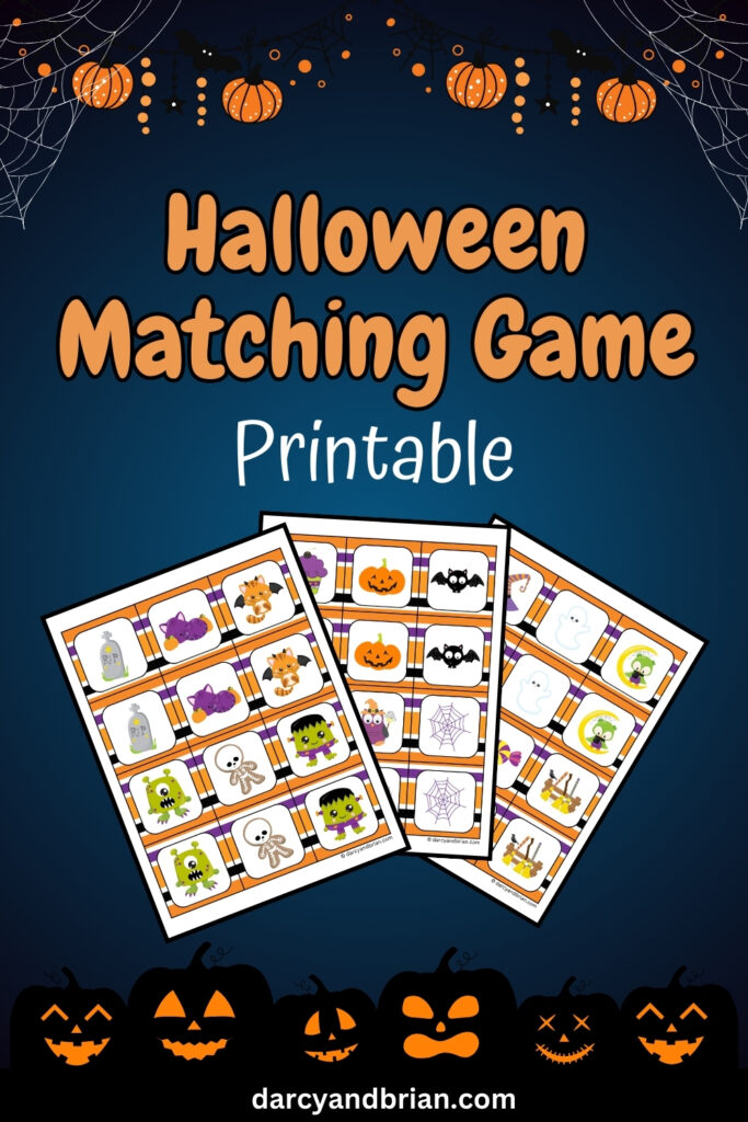 Orange text on dark background says Halloween Matching Game. Preview of the printable game cards fanned out. Image is decorated with glowing jack-o-lantern faces.