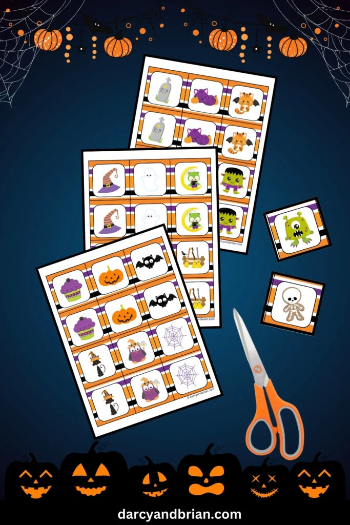 Printable game cards for Halloween memory matching activity spread out vertically. Two cards cut out and laying next to them and scissors.