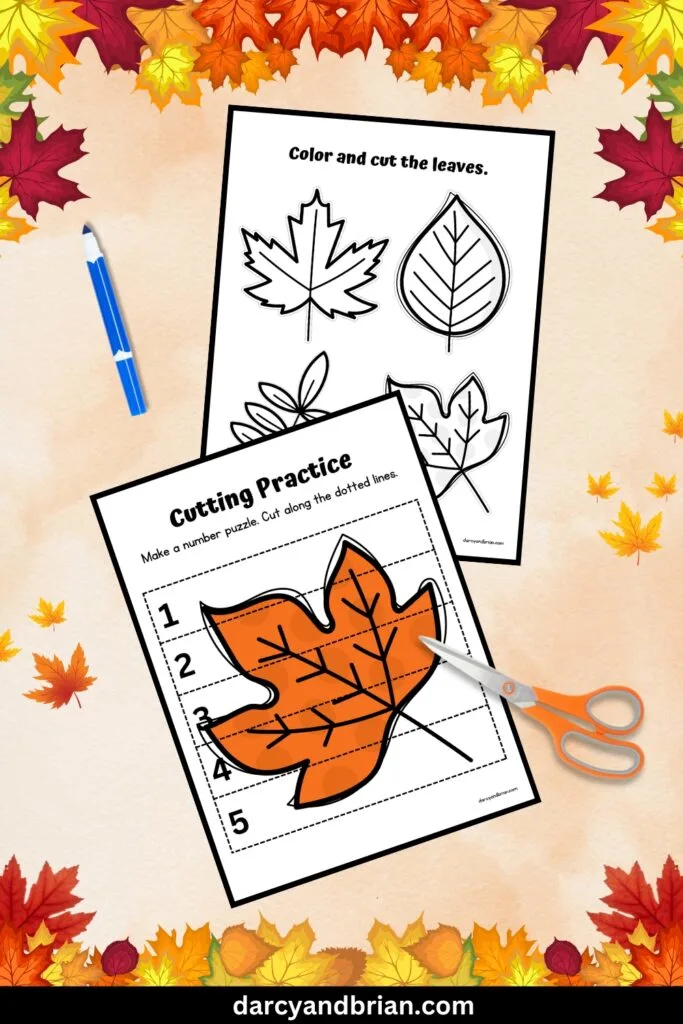 One page with a leaf number puzzle with strips to cut apart. Another page with different types of leaves for kids to cut out.