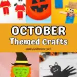 Collage of five craft ideas perfect for October. Includes a firefighter, witch, jack-o-lantern, scarecrow, and bat.