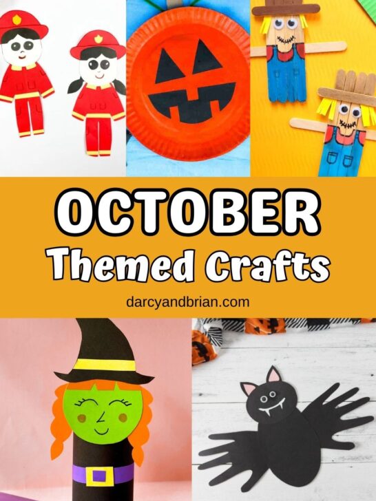 Collage of five craft ideas perfect for October. Includes a firefighter, witch, jack-o-lantern, scarecrow, and bat.