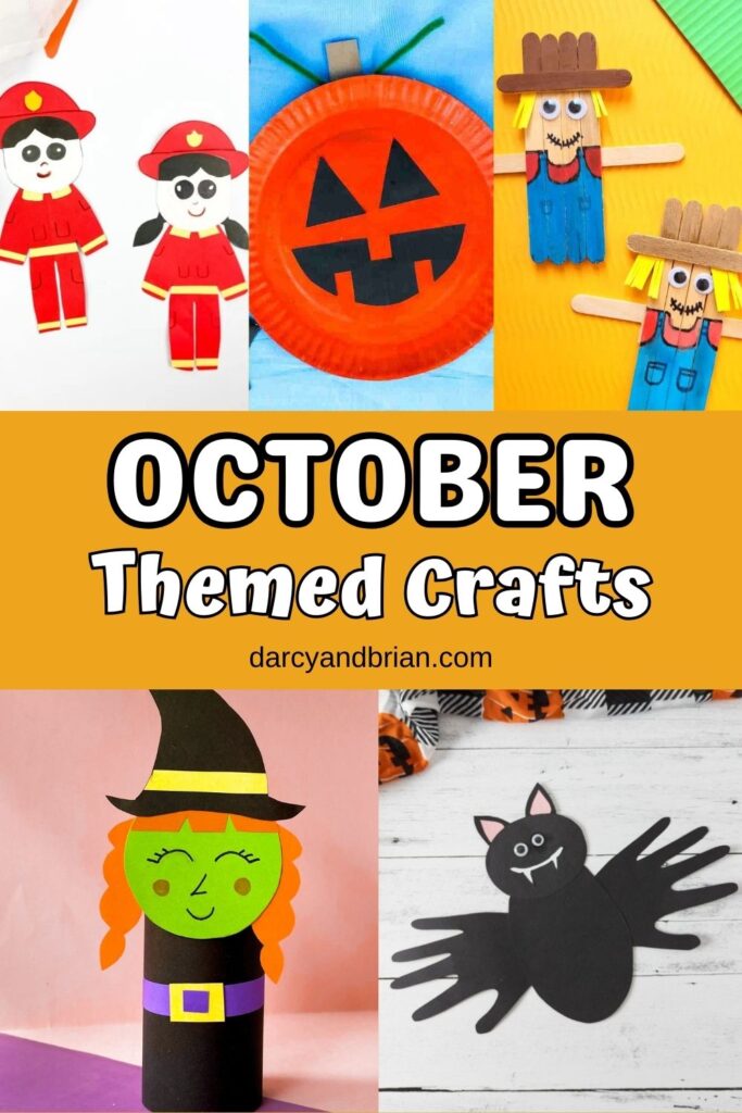 Collage of five craft ideas perfect for October. Includes a firefighter, witch, jack-o-lantern, scarecrow, and bat.