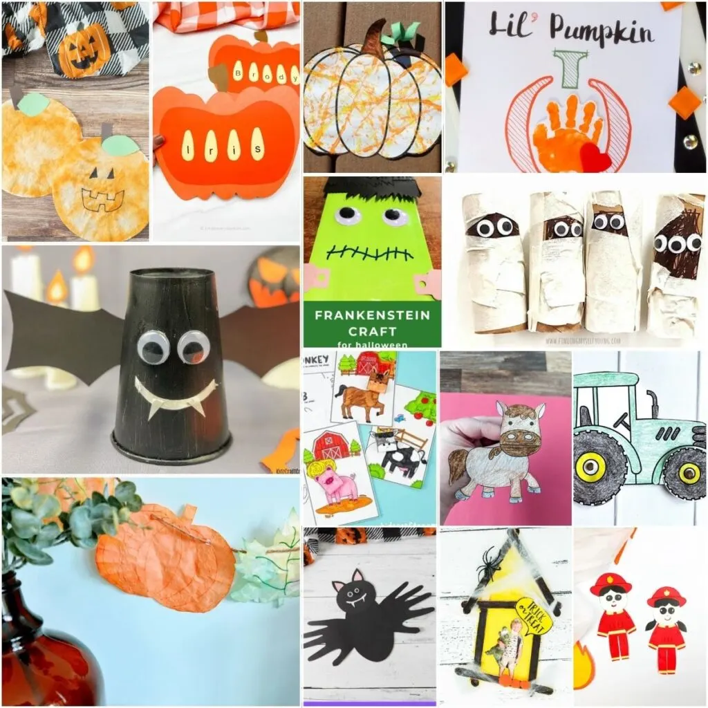 Collage of over a dozen kids' craft ideas to make in October. They fit themes such as Fire Prevention, Farmers Day, Pumpkin Day, and Halloween.