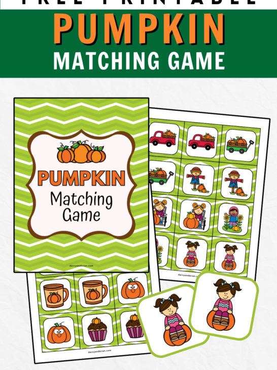 Black, orange, and white text at the top on dark green background says Free Printable Pumpkin Matching Game. Digital preview of printable game cover and memory match cards with colorful pumpkin themed images.