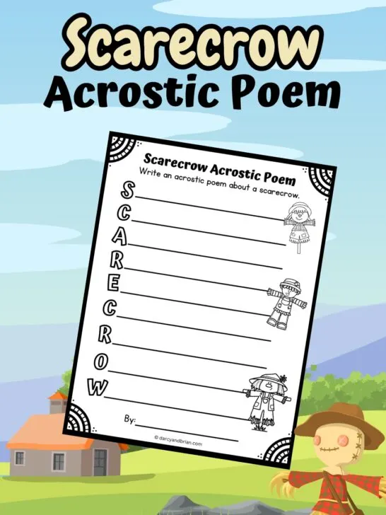 Preview of poetry worksheet featuring scarecrows on a colorful field background illustration.