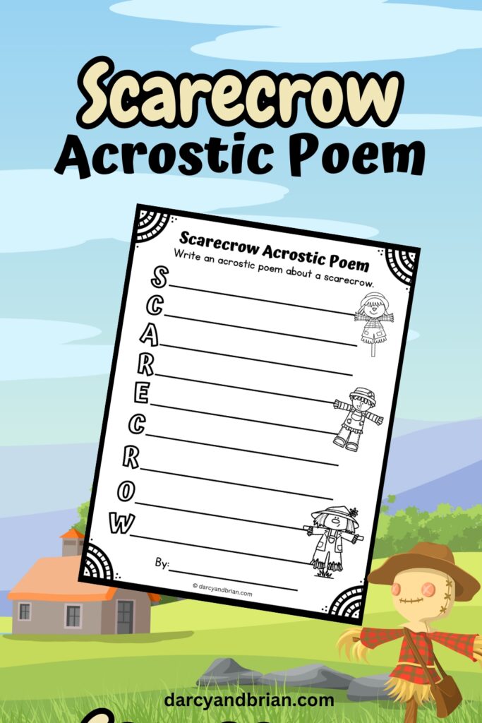 Preview of poetry worksheet featuring scarecrows on a colorful field background illustration.