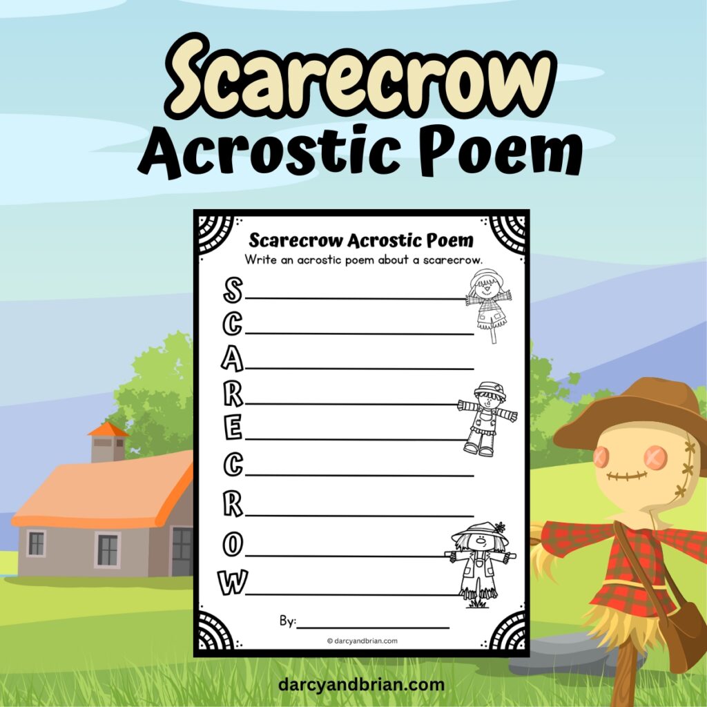 Yellow and black text at the top says Scarecrow Acrostic Poem. A preview of the activity page is on a background with a house, a field, and a scarecrow illustration.