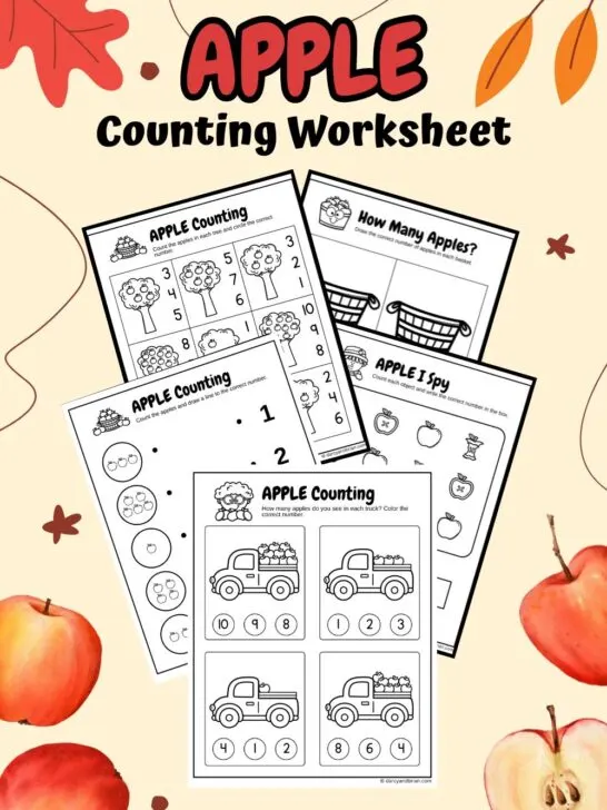 Red and black text at the top says Apple Counting Worksheet on a light yellow background decorated with leaves and apples. Preview of five worksheets overlapping each other.