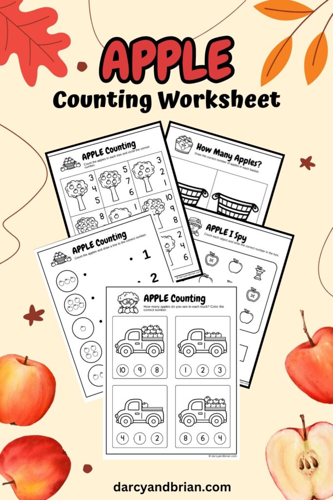 Red and black text at the top says Apple Counting Worksheet on a light yellow background decorated with leaves and apples. Preview of five worksheets overlapping each other.