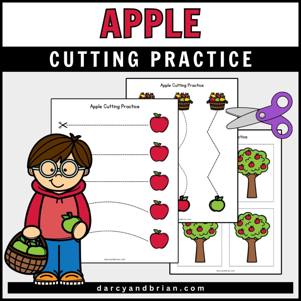 Preview of straight and curvy lines to cut along featuring apples and apple trees. Image is decorated with a child holding a basket of green apples next to the page previews.