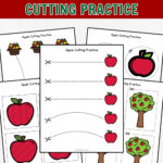 Text at the top says Free Printable Apple Cutting Practice. Preview of five worksheets with different ways to cut lines and shapes around apples and trees.