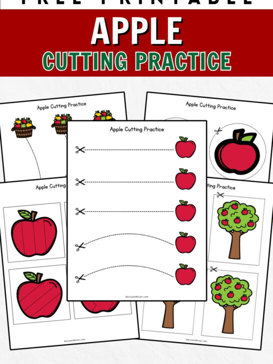 Text at the top says Free Printable Apple Cutting Practice. Preview of five worksheets with different ways to cut lines and shapes around apples and trees.