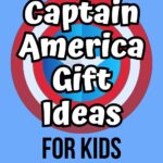 White text outlined in black says Captain America Gift Ideas for Kids over the classic shield on a light blue background.