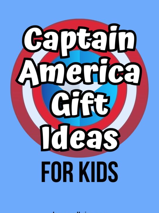 White text outlined in black says Captain America Gift Ideas for Kids over the classic shield on a light blue background.