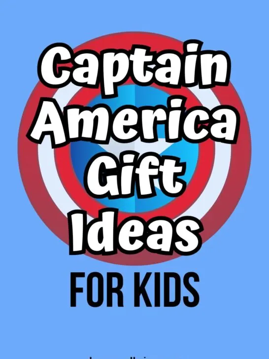 White text outlined in black says Captain America Gift Ideas for Kids over the classic shield on a light blue background.