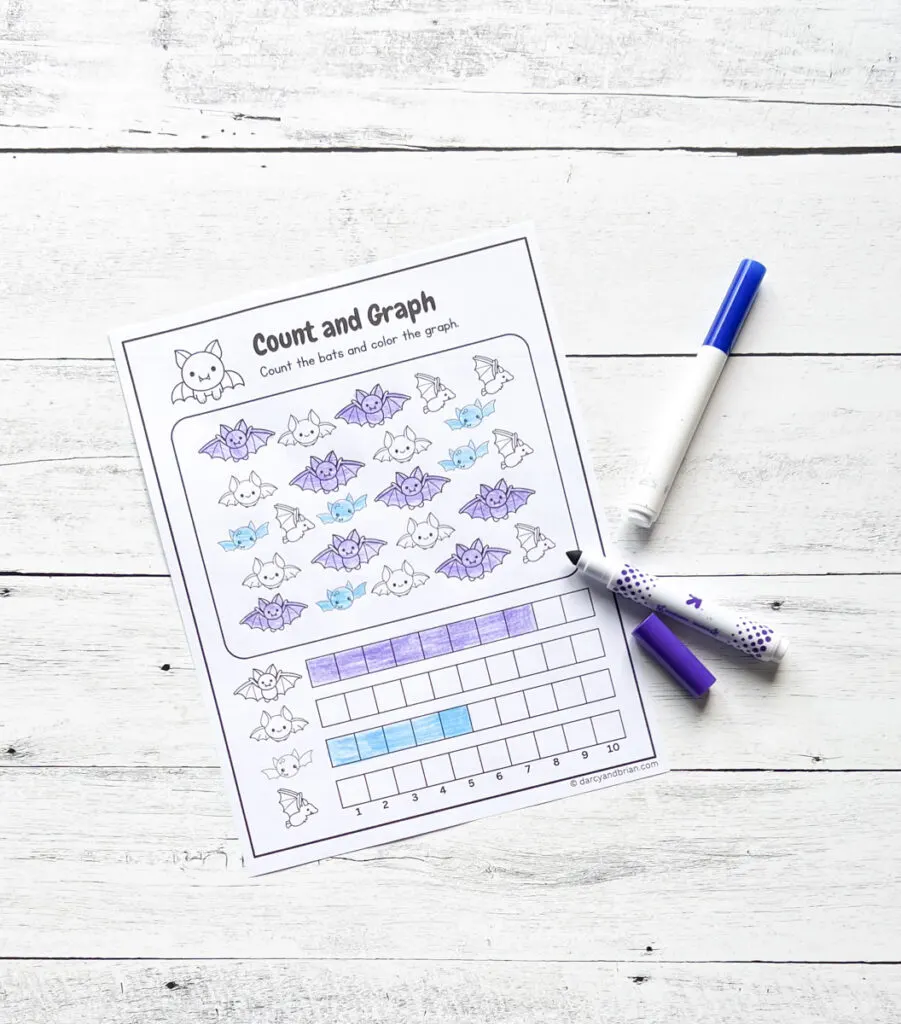 Printed out worksheet with different bats images to count and then a bar graph to color in. Paper is colored with purple and blue.