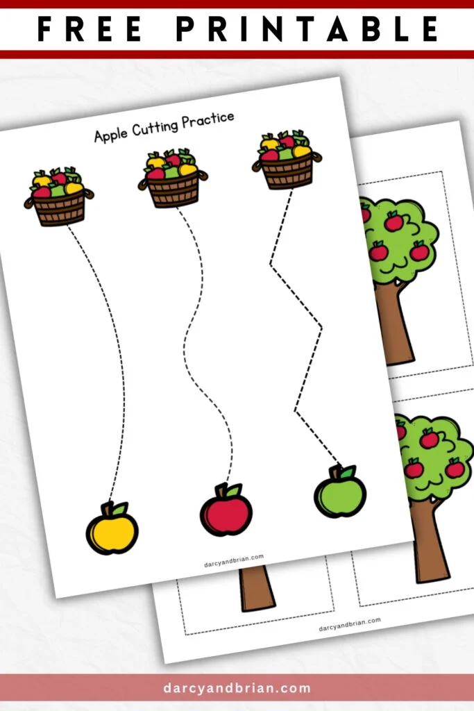 Black text on white background with red border along the top says Free Printable. Mockup of worksheet with yellow, red, and green apples with dashed cutting guide lines leading to baskets.