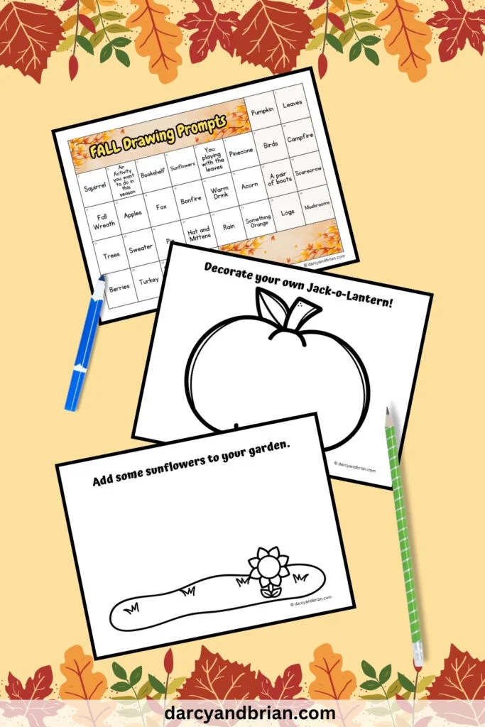 Three pages overlapping on a light orange background. One has a calendar of drawing ideas for fall. The other two are for kids to complete the pictures by adding details.