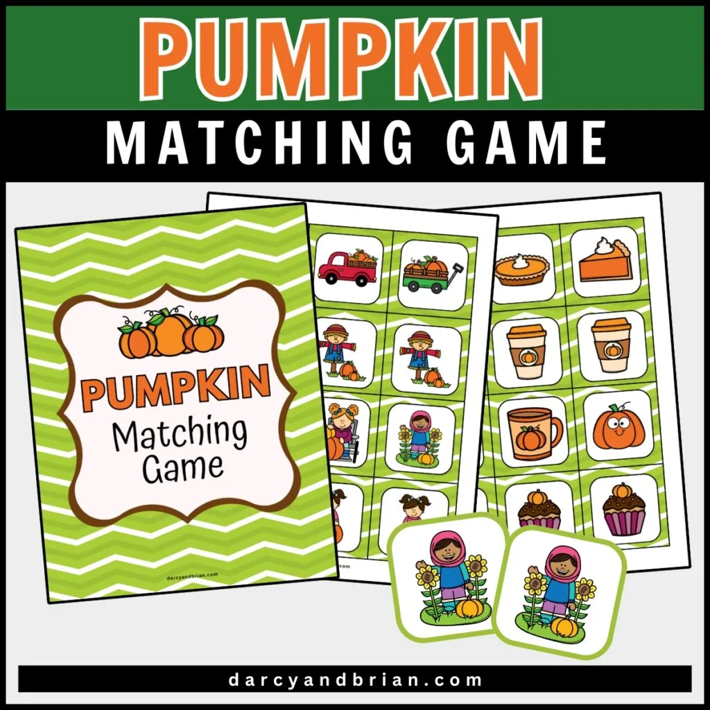 Orange text outlined in white on dark green says Pumpkin. White text on black below that says Matching Game. Mockup of the printable game pages to cut apart into cards. Two cards featuring a girl with a headscarf standing next to sunflowers and a pumpkin are overlapping near the bottom.