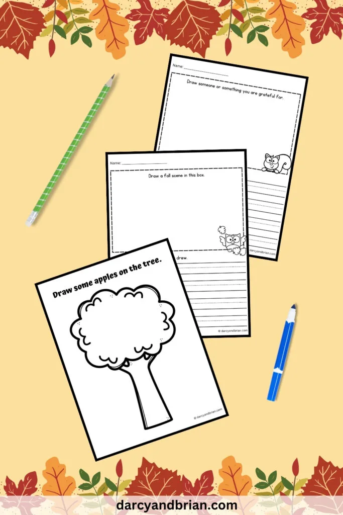 Blank pages with different drawing prompt ideas for kids. One is to fill in tree with apples. Other two pages have space for a drawing and to write about the picture underneath.