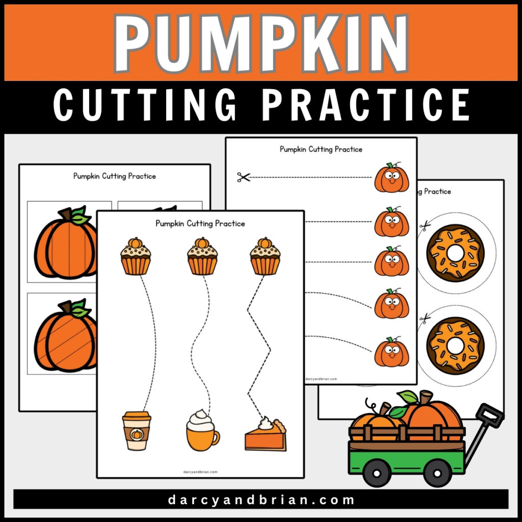 Preview of worksheets with wavy lines and shapes for kids to cut along. The pages feature pumpkin related images.