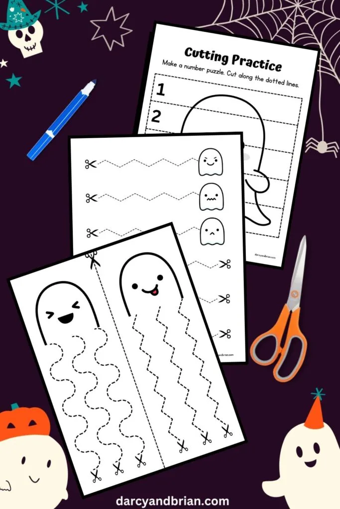 Three activity pages overlapping on a dark background decorated with spiderwebs and ghosts. The worksheets feature a ghost number puzzle and a variety of guided cutting lines leading to adorable ghost facial expressions.