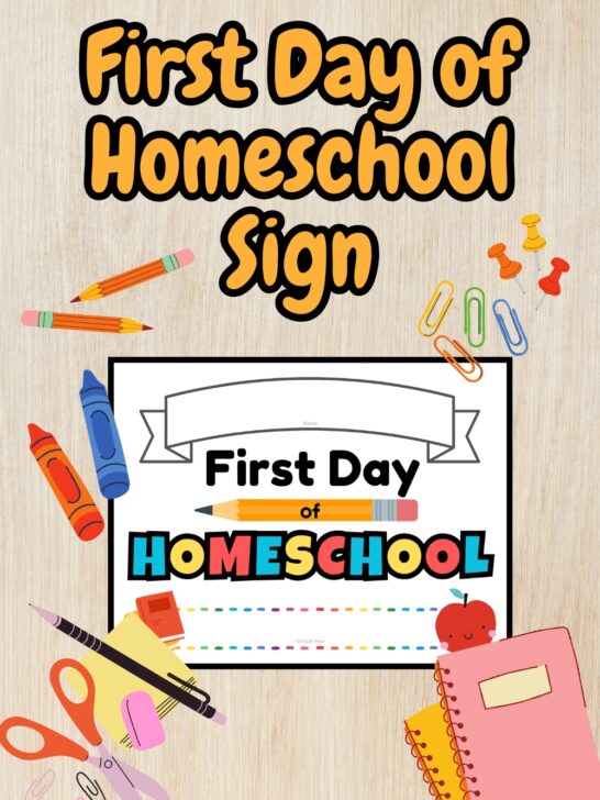 Mockup of a blank First Day of Homeschool sign to print out for photos. School supplies decorates the image around the sign.