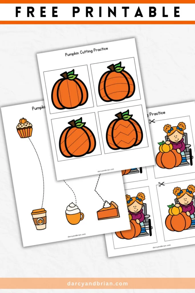 Text at top says Free Printable. Three sheets with guided scissor cutting lines and fall pumpkin themed images.