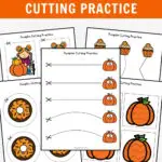 Black and white text at top on orange background says Free Printable Pumpkin Cutting Practice. Preview of five pages with full color pumpkin images and dashed lines overlapping each other.