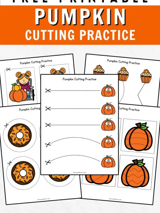 Black and white text at top on orange background says Free Printable Pumpkin Cutting Practice. Preview of five pages with full color pumpkin images and dashed lines overlapping each other.