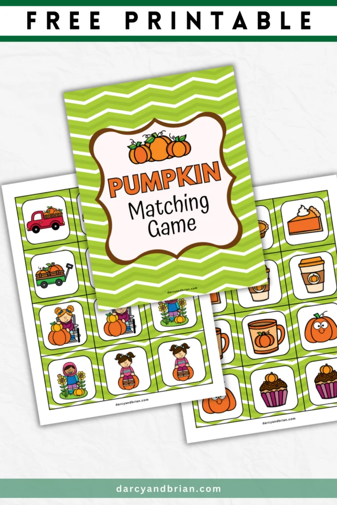 Text at top says Free Printable. Pages for printable game overlap at an angle. Cards feature colorful pumpkin themed images such as kids with pumpkins, pie, pumpkin spice lattes, and a scarecrow next to pumpkin patch. Green and white chevron decorates the cards.