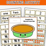 Black and white text on orange background at the top says Free Printable Pumpkin Pie Counting Activity. Preview of pie mat and number cards.