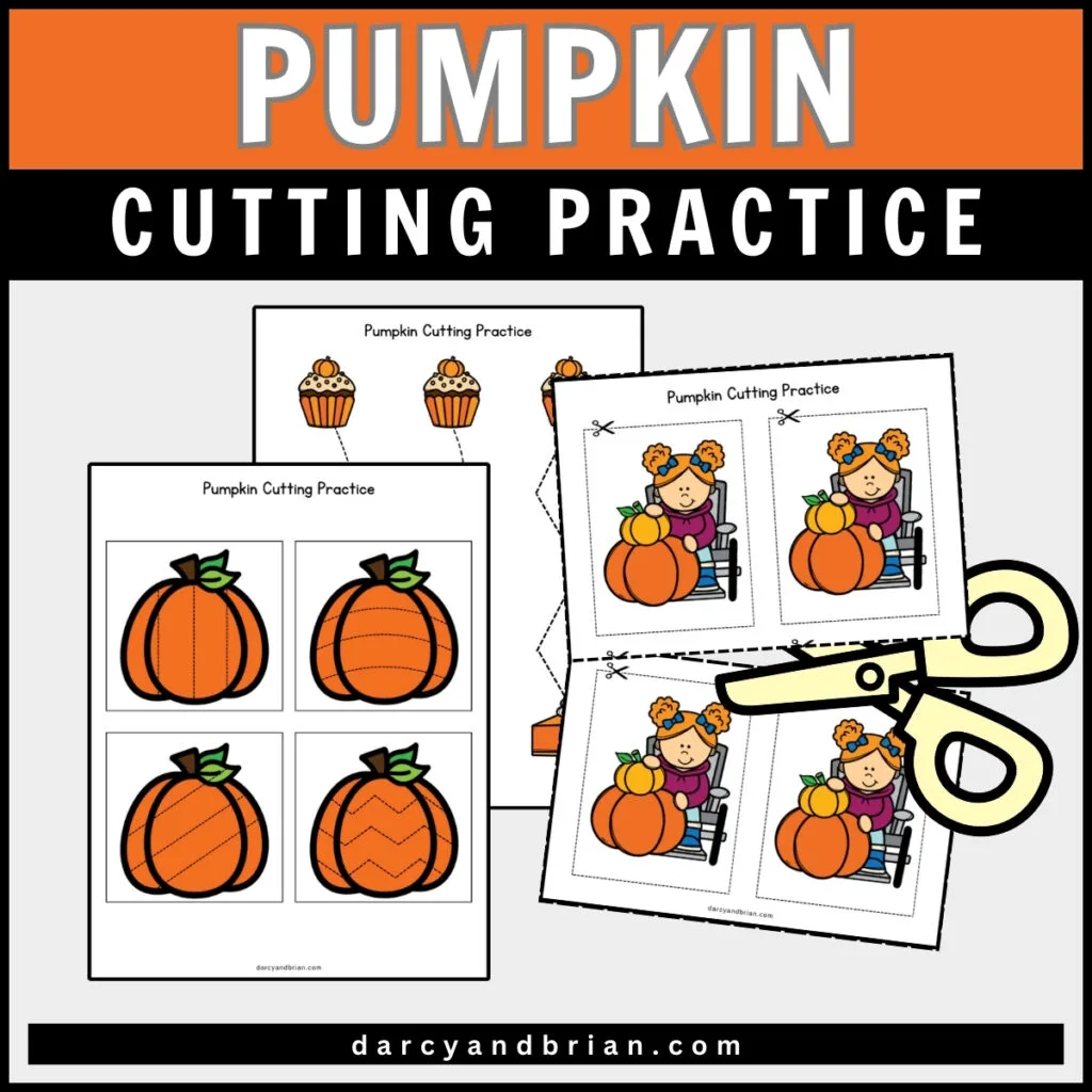 Text at top says Pumpkin Cutting Practice. Mockup shows pumpkin pictures with scissors cutting them apart.