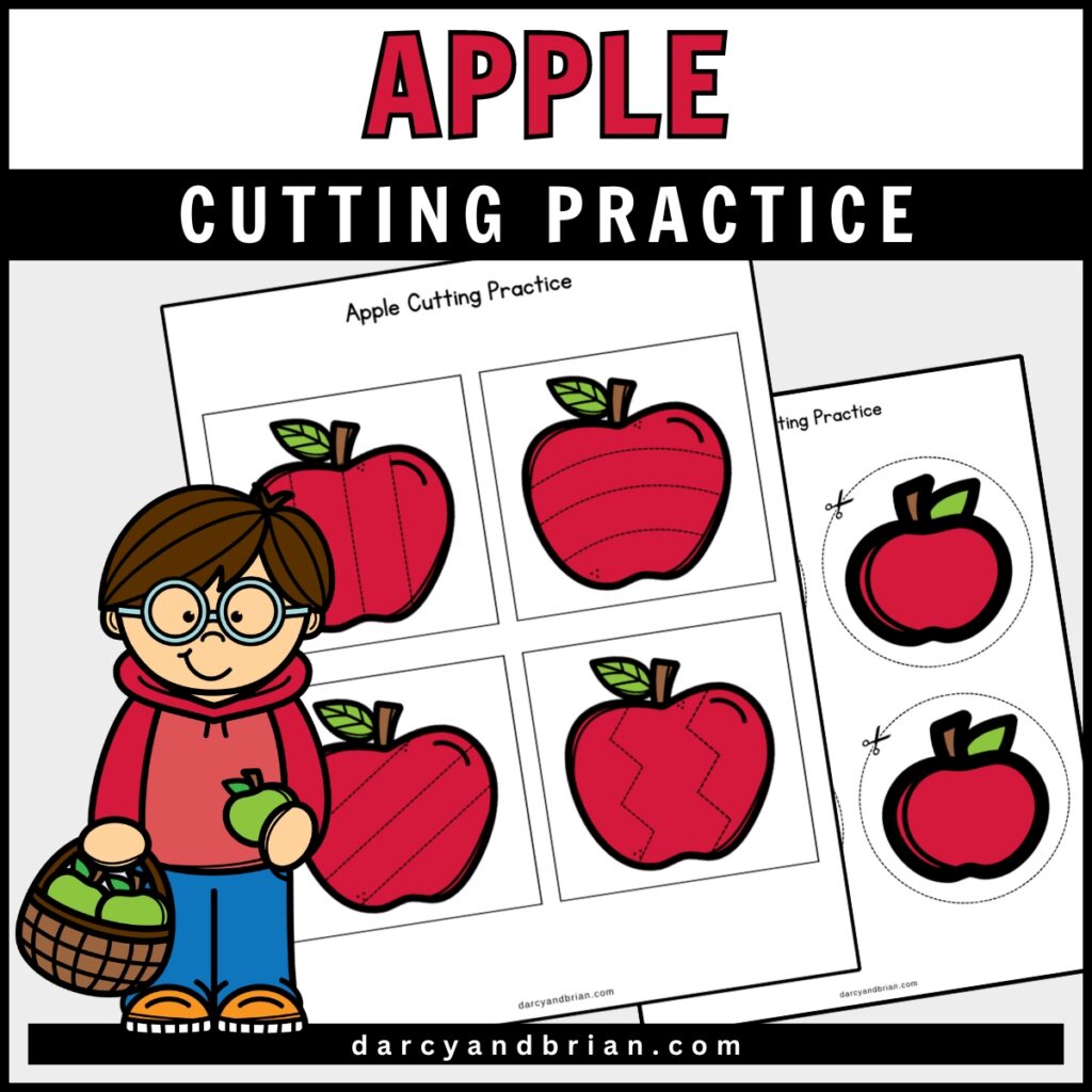 Preview of worksheet with different dashed line patterns across red apples for kids to cut. Another page has fall apples inside circles for kids to cut out.