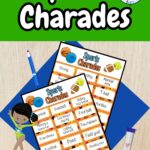 White text on green background at the top says Sports Charades with clipart of a football and baseball on each side. Preview of two pages of sport related actions and words overlapping.