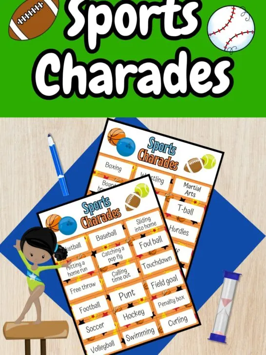 White text on green background at the top says Sports Charades with clipart of a football and baseball on each side. Preview of two pages of sport related actions and words overlapping.