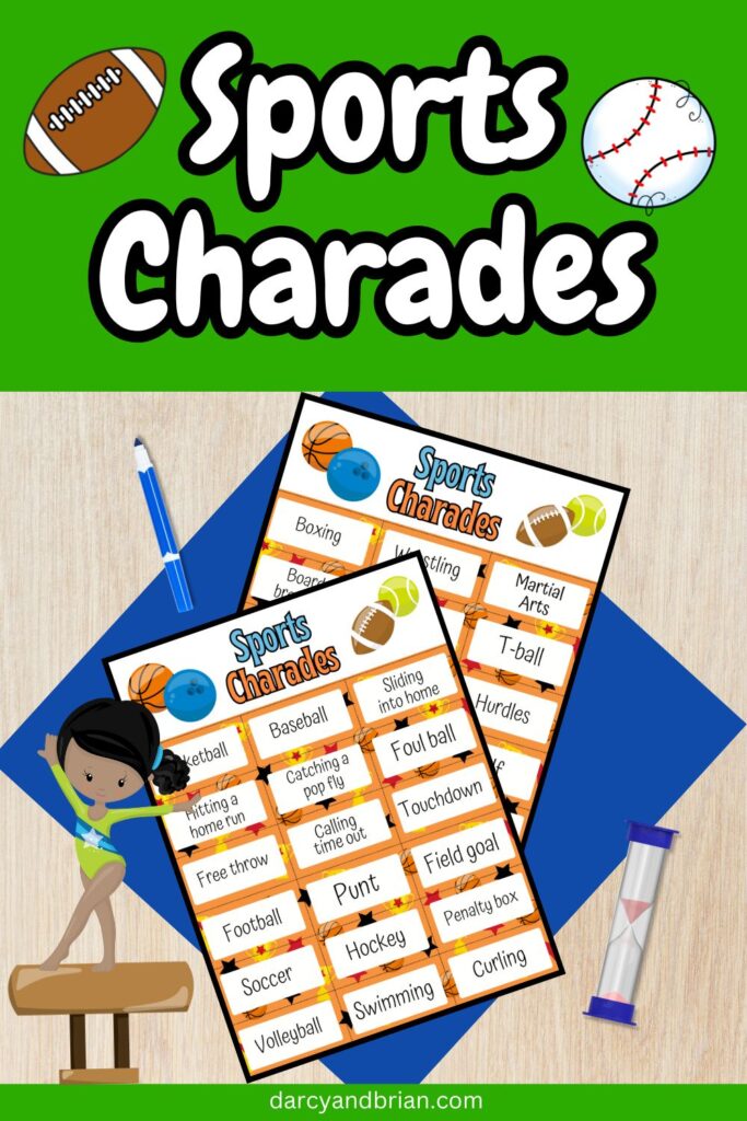 White text on green background at the top says Sports Charades with clipart of a football and baseball on each side. Preview of two pages of sport related actions and words overlapping.