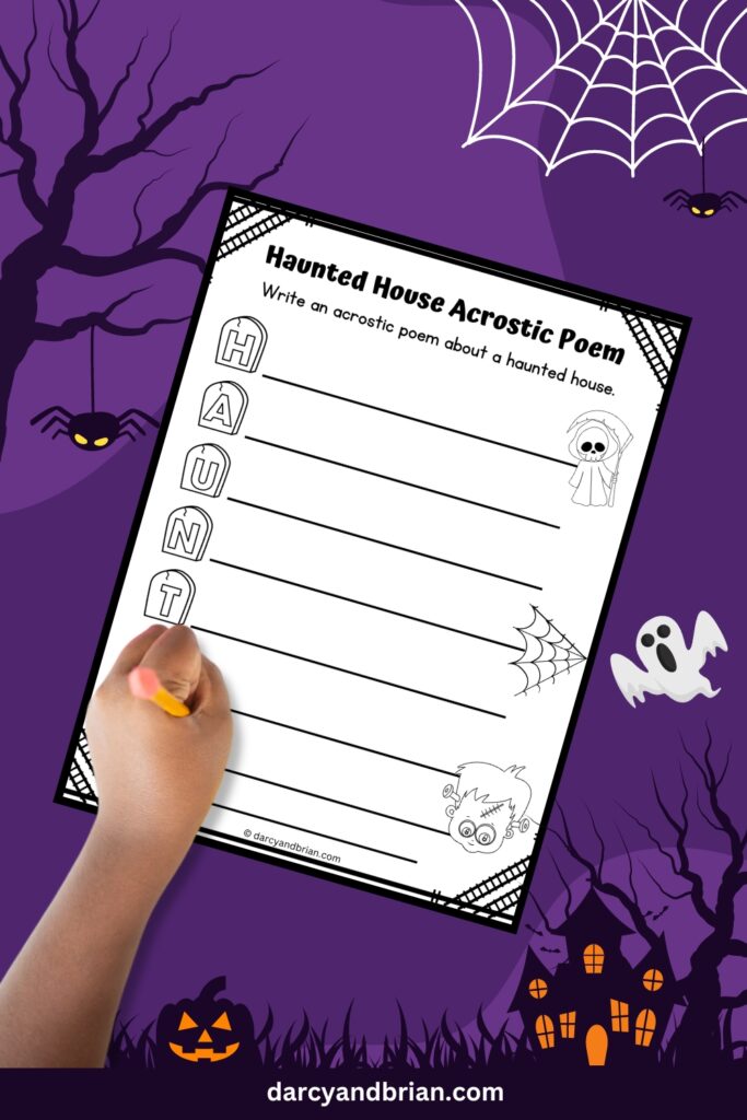 A single-page worksheet with Halloween-themed decorations and letters spell out "HAUNTED," with a  writing space for an acrostic poem. It has eerie designs in the background.