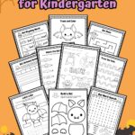 The image contains all the 11 printable Bat-Themed worksheets for Kindergarten placed in an orange background with some bat decorations.