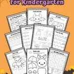 The image contains all the 11 printable Bat-Themed worksheets for Kindergarten placed in an orange background with some bat decorations.