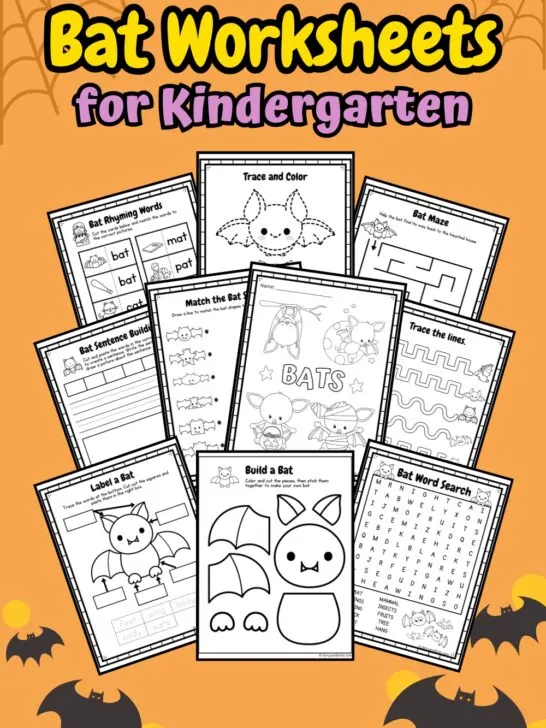 The image contains all the 11 printable Bat-Themed worksheets for Kindergarten placed in an orange background with some bat decorations.