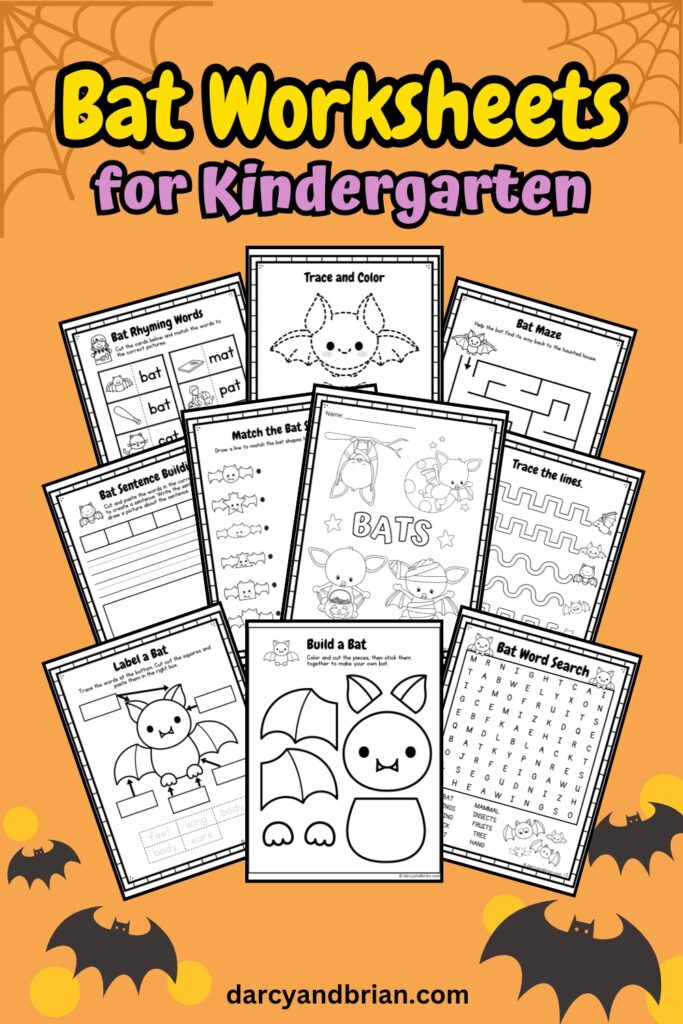 The image contains all the 11 printable Bat-Themed worksheets for Kindergarten placed in an orange background with some bat decorations.