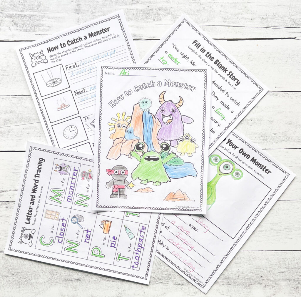 Five sample worksheets about How To Catch a Monster in a wood black and white background.