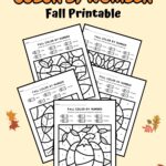 Orange and black text at the top says Color By Number Fall Printable. Five worksheet pages are fanned out over a light yellow background decorated with illustrations of fall leaves.