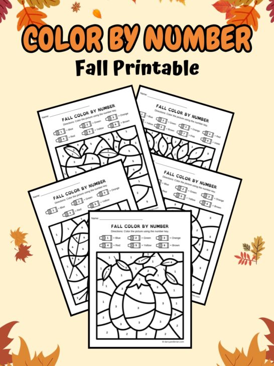 Orange and black text at the top says Color By Number Fall Printable. Five worksheet pages are fanned out over a light yellow background decorated with illustrations of fall leaves.