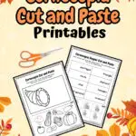 There are two worksheets with scissors placed in a light background with colorful leaves and pumpkins.