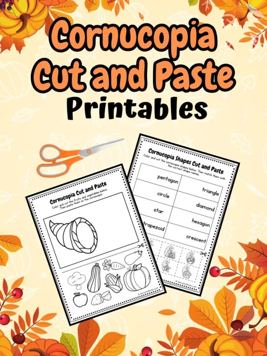 There are two worksheets with scissors placed in a light background with colorful leaves and pumpkins.