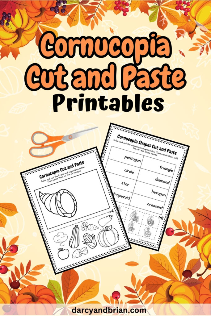 There are two worksheets featuring a horn of plenty along with produce. The pages and scissors are placed on a light background with colorful leaves and pumpkins.