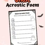 One page Acrostic Poem worksheet with Ghost-themed design such as spiders, spider web, and colorful ghost placed in a light pink background.