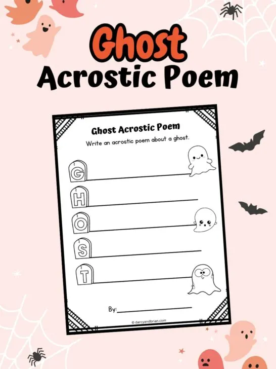 One page Acrostic Poem worksheet with Ghost-themed design such as spiders, spider web, and colorful ghost placed in a light pink background.